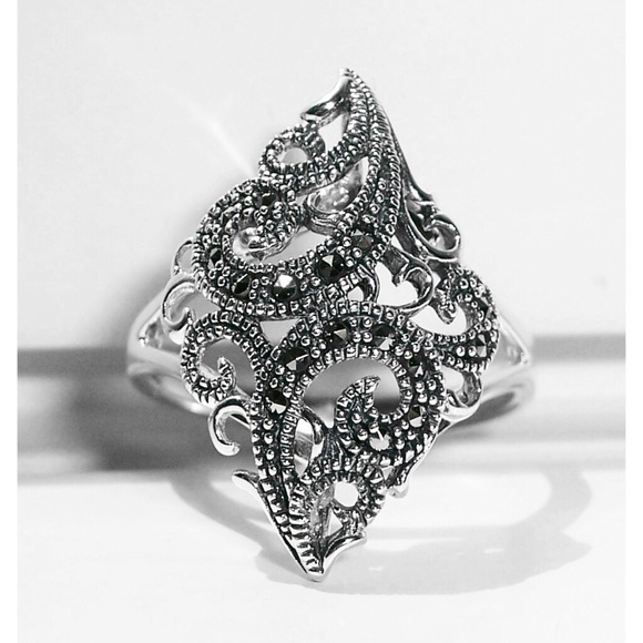 925 STERLING SILVER Swirl Marcasite Ring - Picture 2 of 15